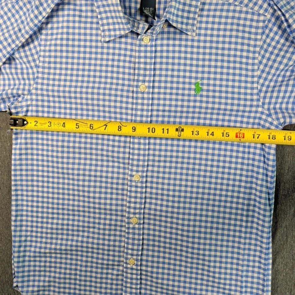 Ralph Lauren Shirt Boys Large 14-16 Blue Check Button Up Long Sleeve‎ Green Pony